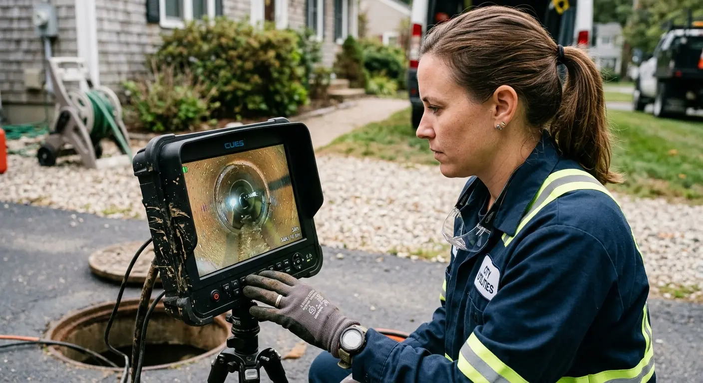 Technician reviewing sewer camera inspection footage in Sheboygan