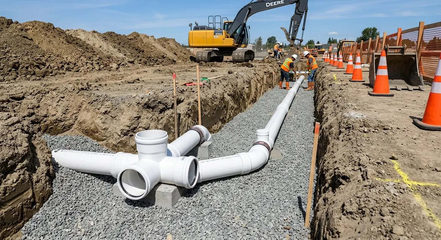 New PVC sewer pipe installation in open trench for Grease Trap Cleaning in Sheboygan
