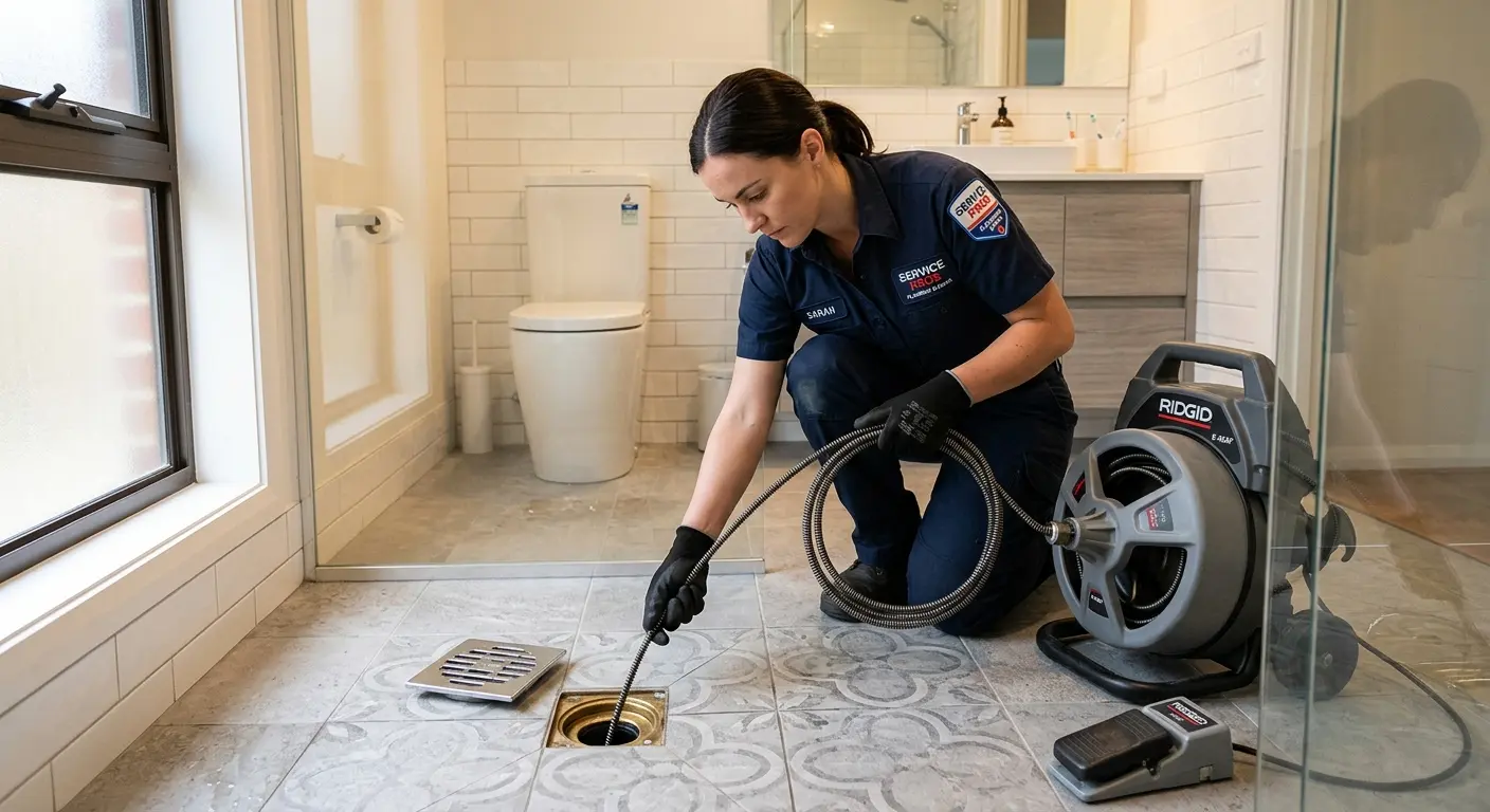 Technician clearing a bathroom floor drain for Drain Cleaning in Sheboygan